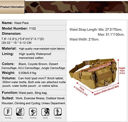 Molleの戦術的なウエスト袋の屋外の歩く動くことのための軍のウエストのパック キャンプをハイキングする